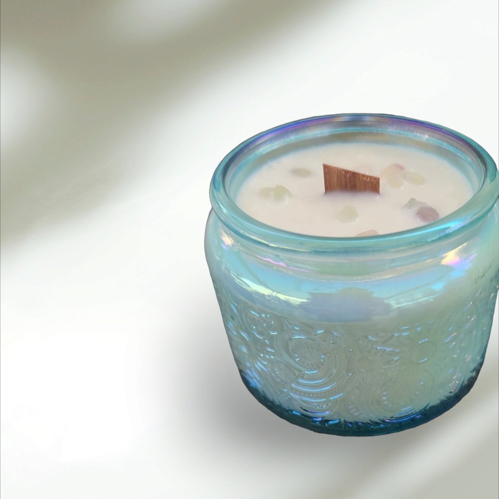 Rainbows & Unicorns - Wood Wick Soy Candle (Rainbow Fluorite) - Embossed Glass