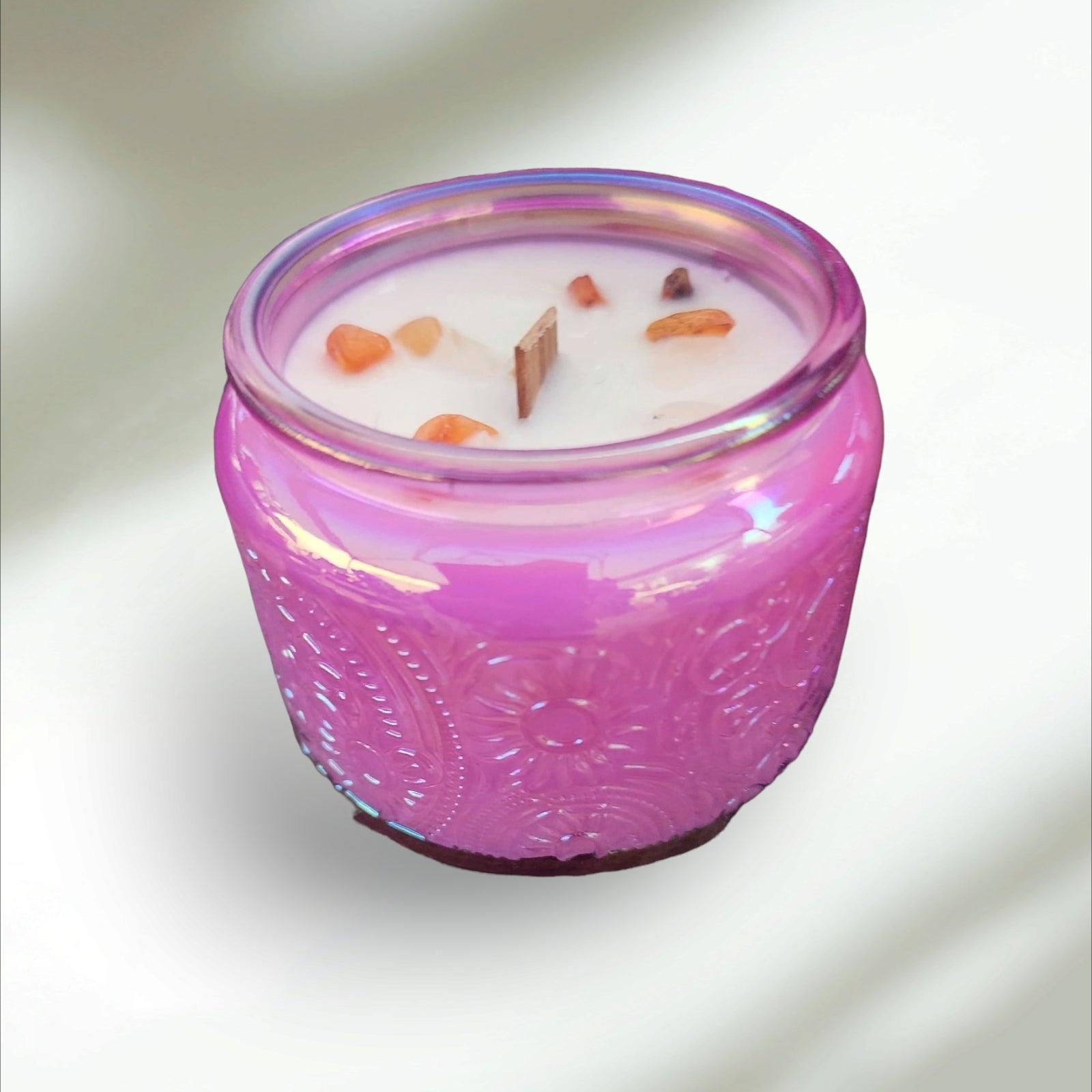 Date Night - Wood Wick Soy Candle (Sunstone & Red Jasper) - Embossed Glass