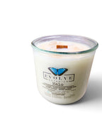 Halo candle with Rainbow Moonstone and Citrine on white background