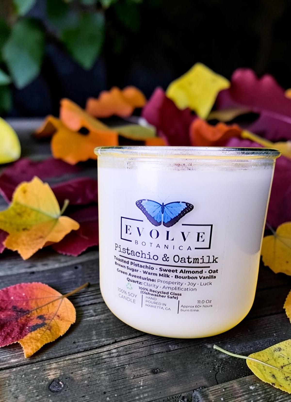 Pistachio and Oatmilk Rocks Candle - pistachio oat brown sugar vanilla soy candle with Green Aventurine and Quartz on autumn leaves