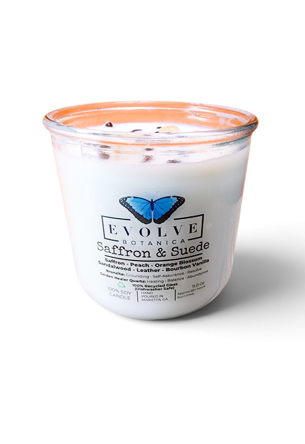 Saffron and Suede Rocks Candle front label on white background