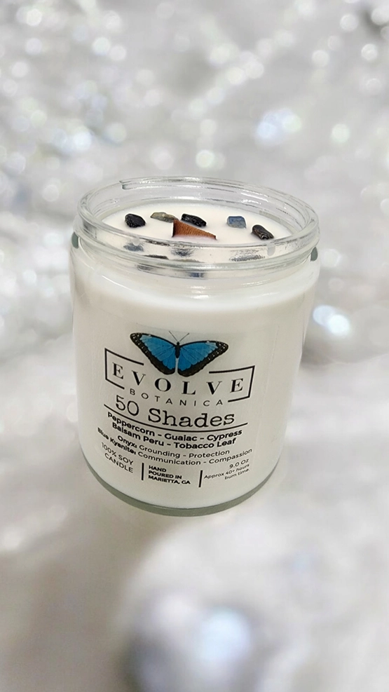 Evolve Botanica Classic 9oz Jam Jar Crystal Soy Candle - 50 Shades (Onyx & Blue Kyanite)