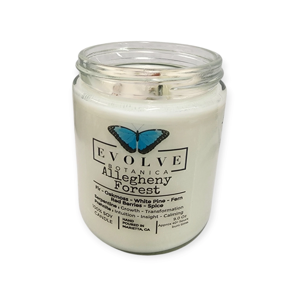 Evolve Botanica Classic 9oz Jam Jar Crystal Soy Candle - Allegheny Forest (Serpentine & Prehnite )