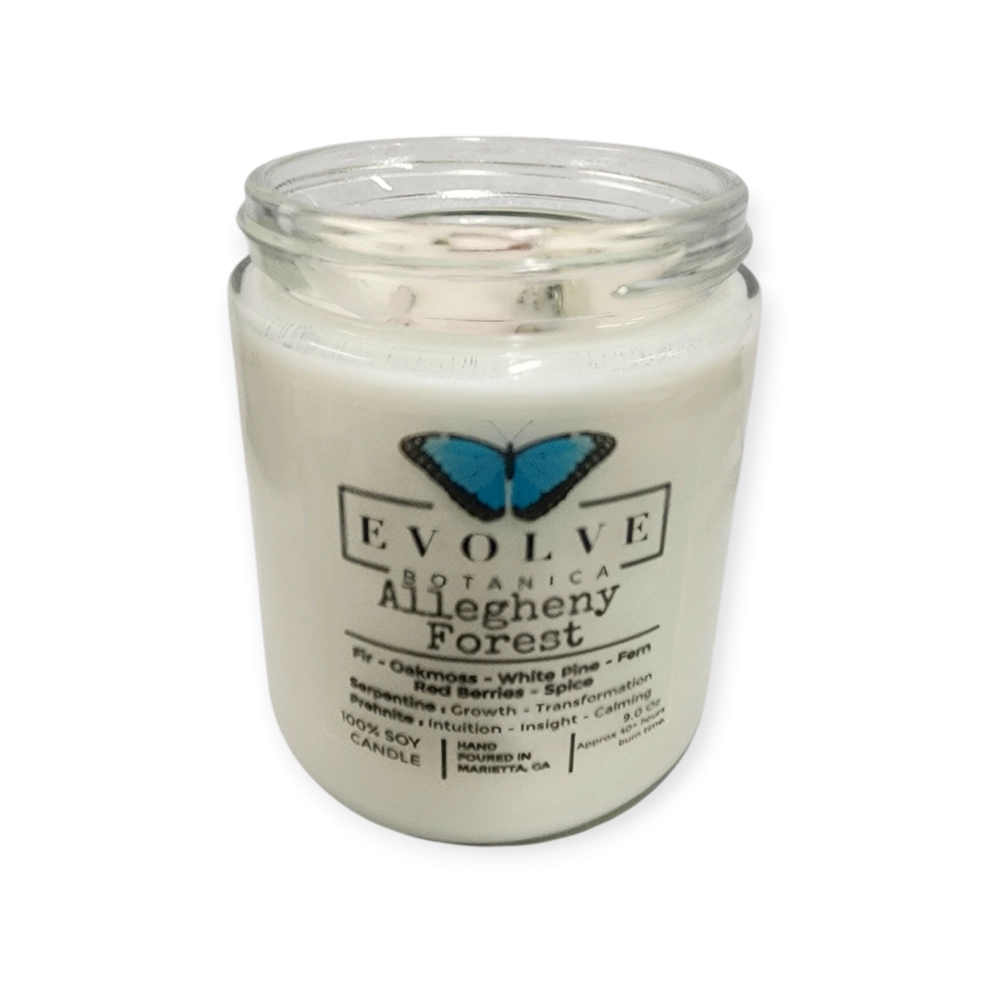 Evolve Botanica Classic 9oz Jam Jar Crystal Soy Candle - Allegheny Forest (Serpentine & Prehnite )