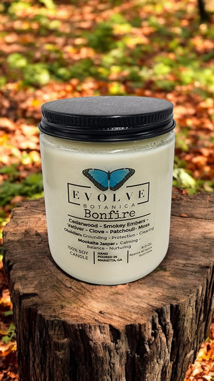 Evolve Botanica Classic 9oz Jam Jar Crystal Soy Candle - Bonfire (Obsidian & Mookaite)