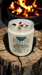 Evolve Botanica Classic 9oz Jam Jar Crystal Soy Candle - Bonfire (Obsidian & Mookaite)