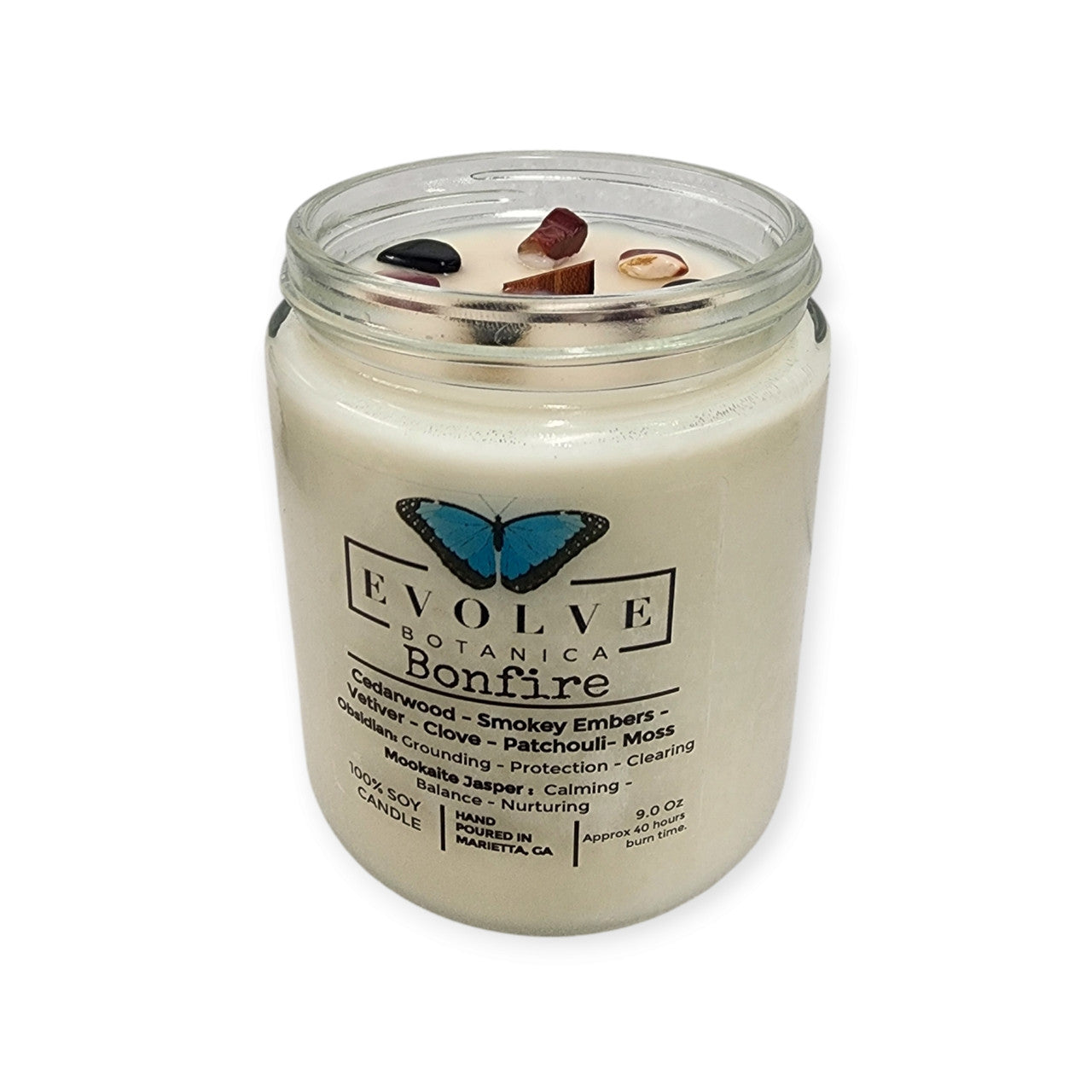 Evolve Botanica Classic 9oz Jam Jar Crystal Soy Candle - Bonfire (Obsidian & Mookaite)