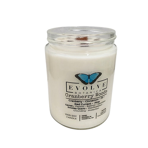 Evolve Botanica Classic 9oz Jam Jar Crystal Soy Candle - Cranberry Woods (Garnet & Smokey Quartz)