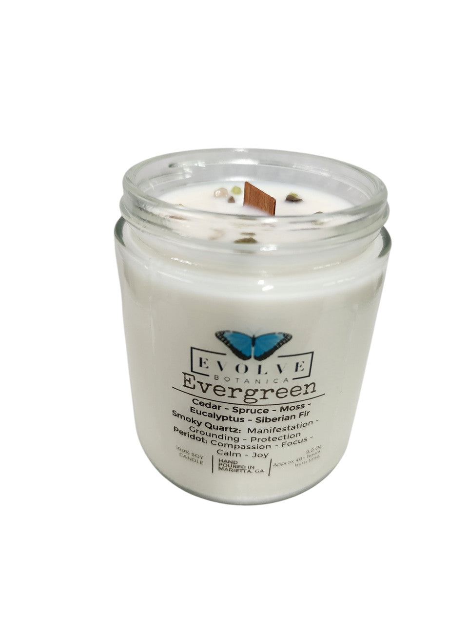 Evolve Botanica Classic 9oz Jam Jar Crystal Soy Candle - Evergreen (Smoky Quartz & Peridot)
