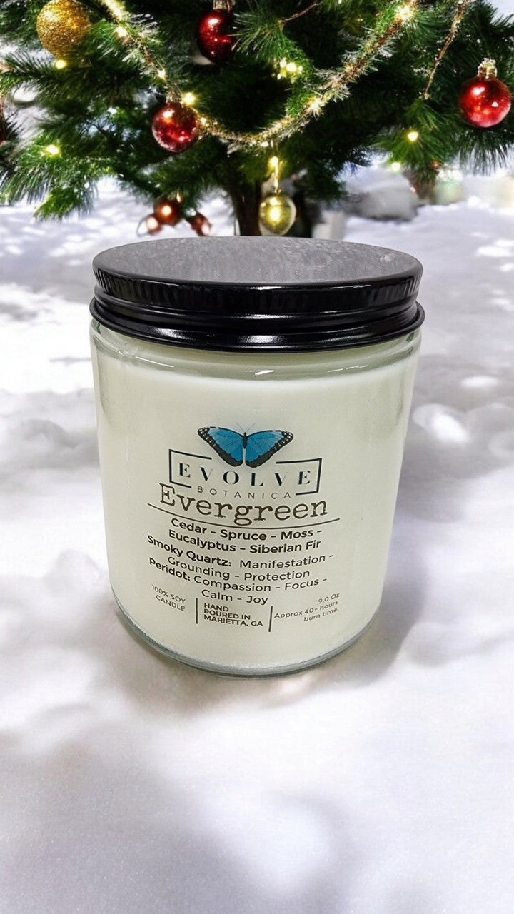 Evolve Botanica Classic 9oz Jam Jar Crystal Soy Candle - Evergreen (Smoky Quartz & Peridot)
