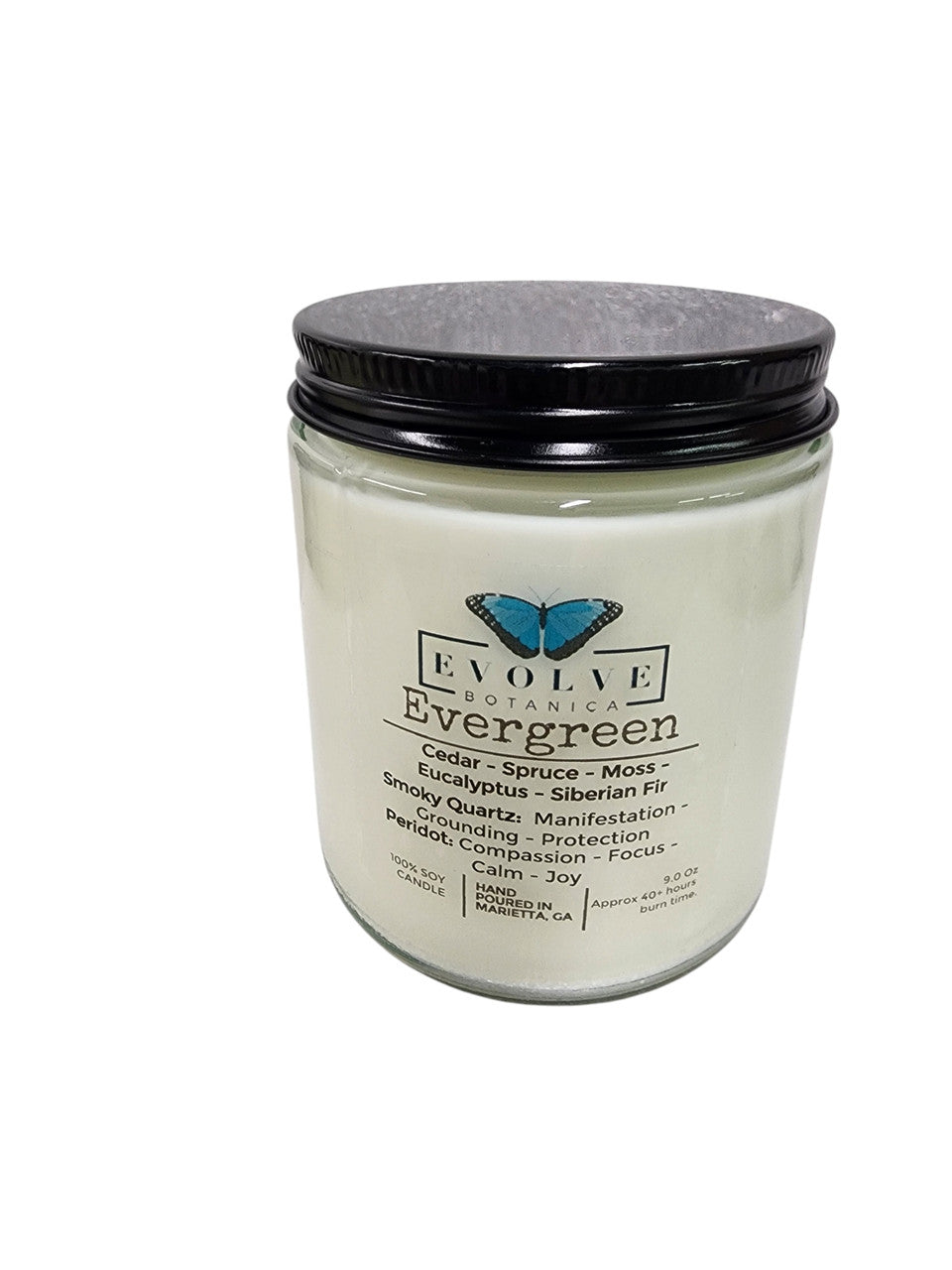 Evolve Botanica Classic 9oz Jam Jar Crystal Soy Candle - Evergreen (Smoky Quartz & Peridot)