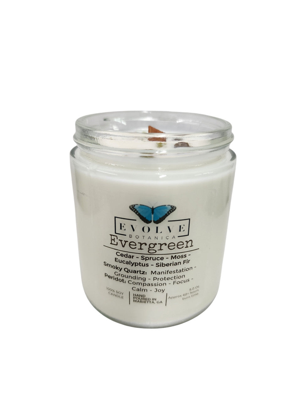 Evolve Botanica Classic 9oz Jam Jar Crystal Soy Candle - Evergreen (Smoky Quartz & Peridot)