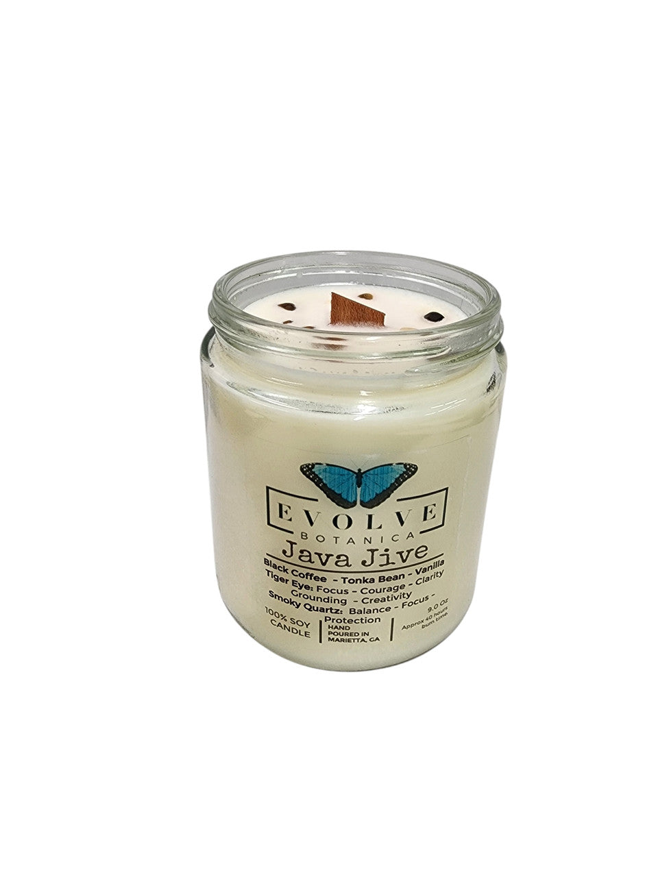 Evolve Botanica Classic 9oz Jam Jar Crystal Soy Candle - Java Jive (Tiger Eye & Smoky Quartz)