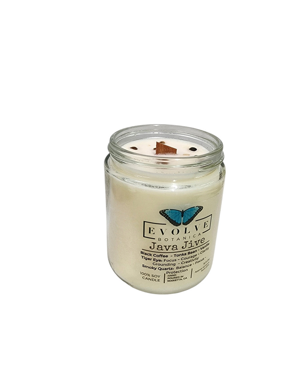 Evolve Botanica Classic 9oz Jam Jar Crystal Soy Candle - Java Jive (Tiger Eye & Smoky Quartz)