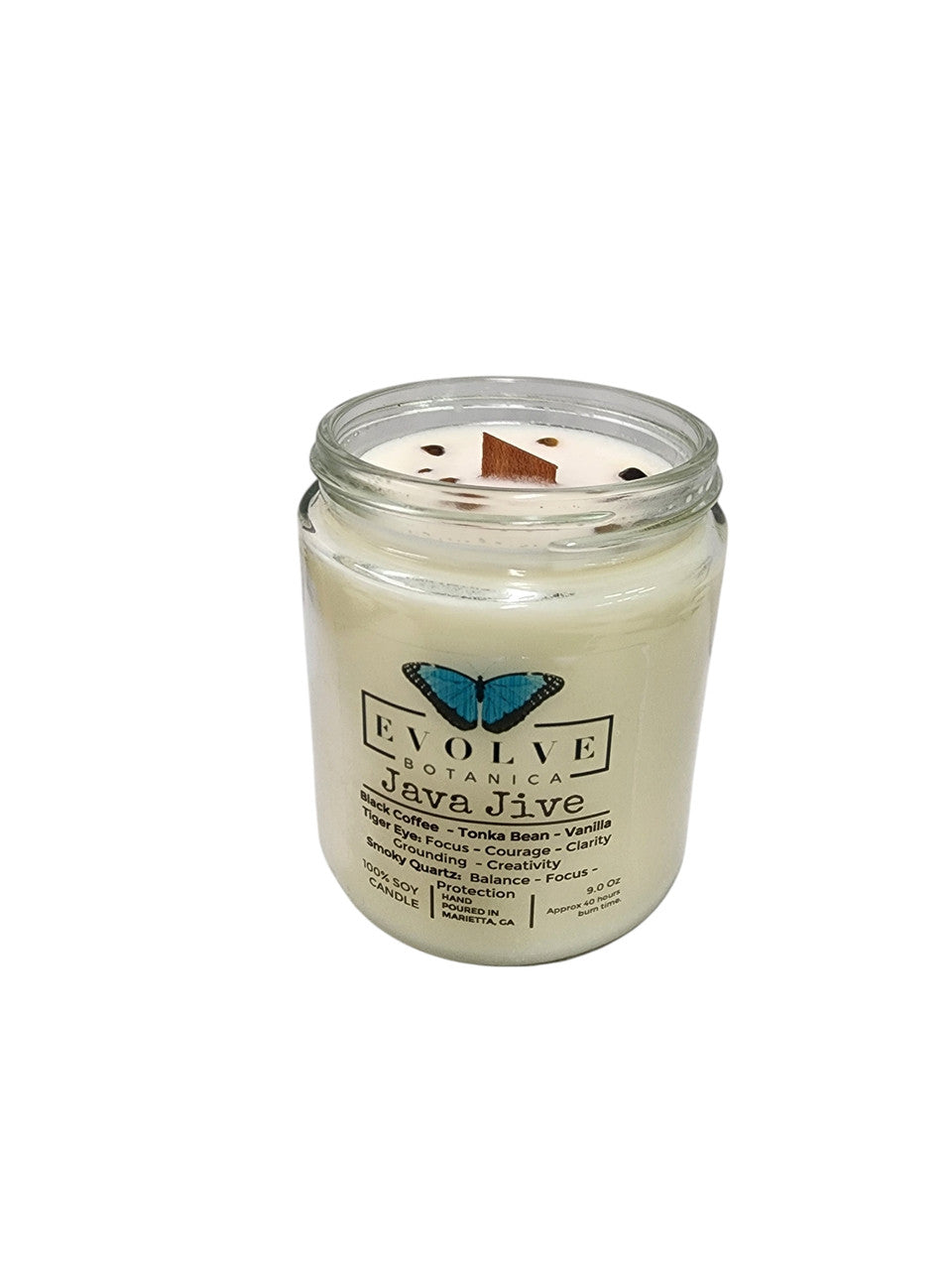 Evolve Botanica Classic 9oz Jam Jar Crystal Soy Candle - Java Jive (Tiger Eye & Smoky Quartz)