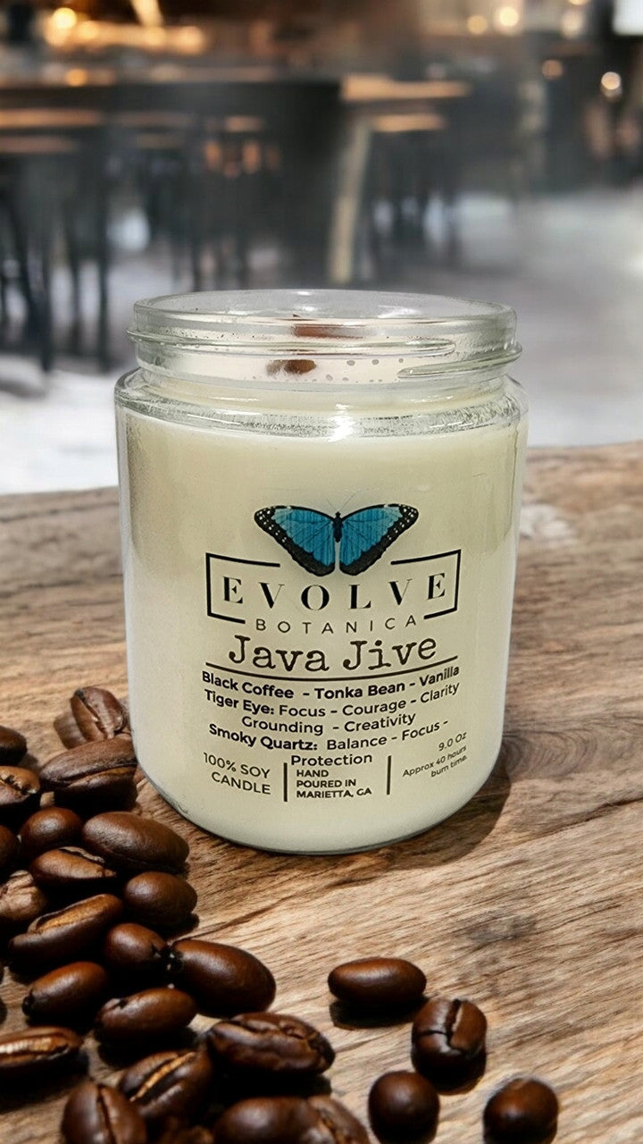 Evolve Botanica Classic 9oz Jam Jar Crystal Soy Candle - Java Jive (Tiger Eye & Smoky Quartz)