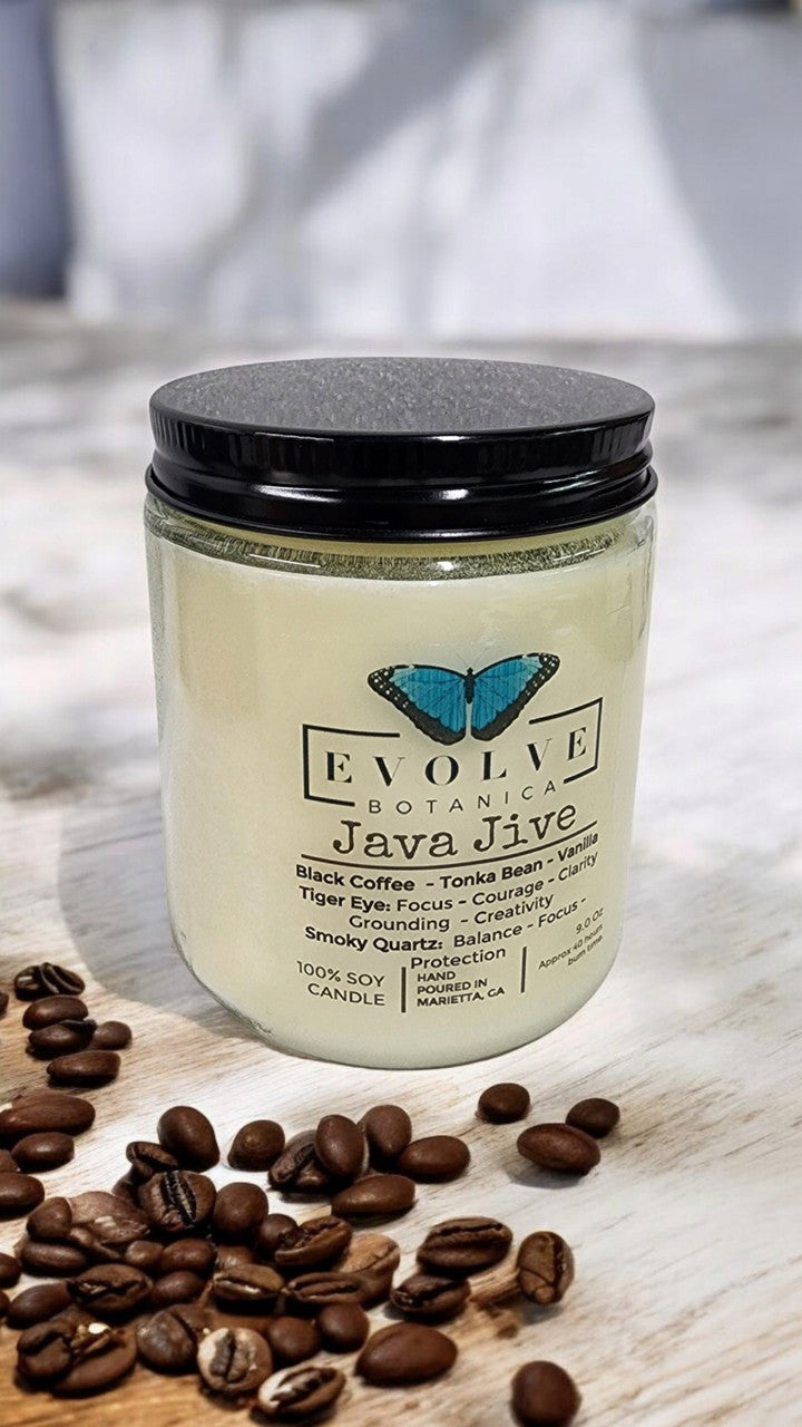 Evolve Botanica Classic 9oz Jam Jar Crystal Soy Candle - Java Jive (Tiger Eye & Smoky Quartz)
