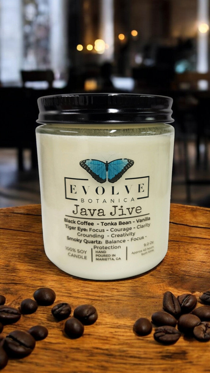 Evolve Botanica Classic 9oz Jam Jar Crystal Soy Candle - Java Jive (Tiger Eye & Smoky Quartz)