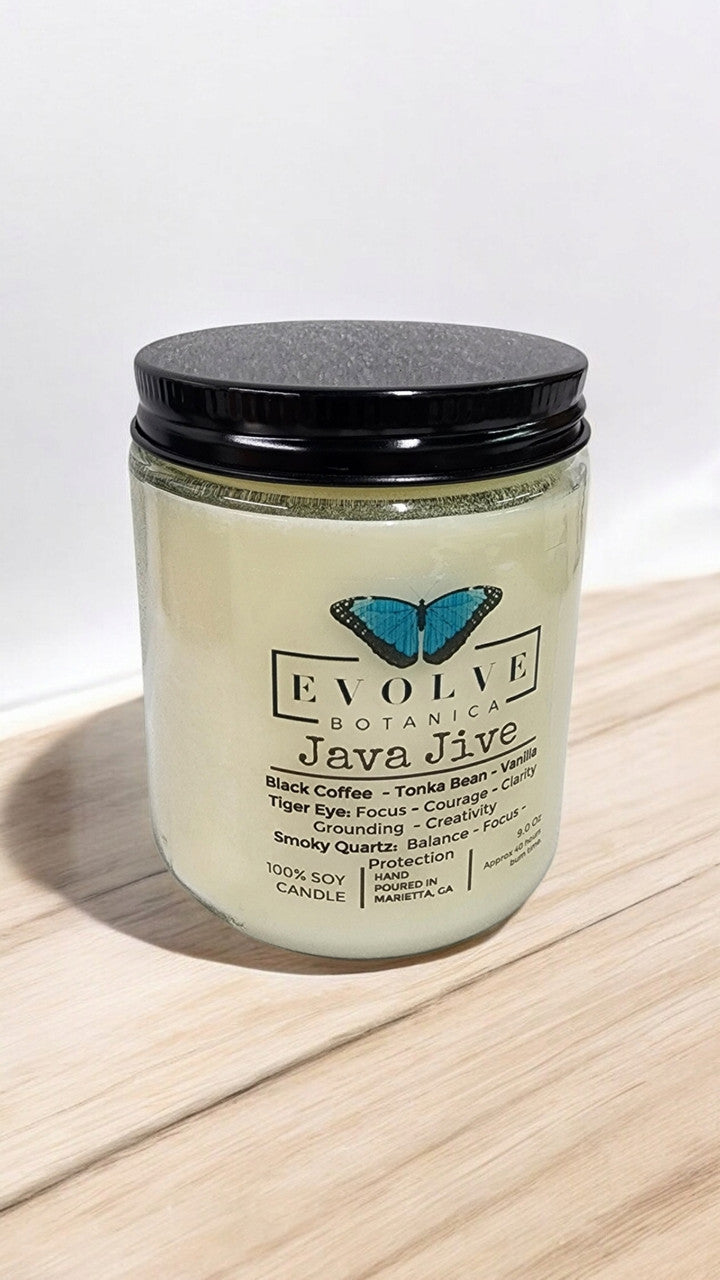 Evolve Botanica Classic 9oz Jam Jar Crystal Soy Candle - Java Jive (Tiger Eye & Smoky Quartz)