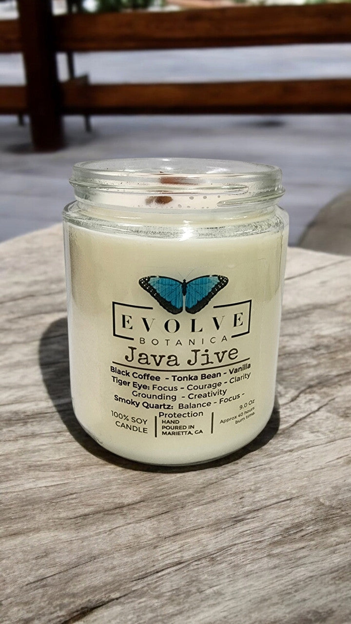 Evolve Botanica Classic 9oz Jam Jar Crystal Soy Candle - Java Jive (Tiger Eye & Smoky Quartz)