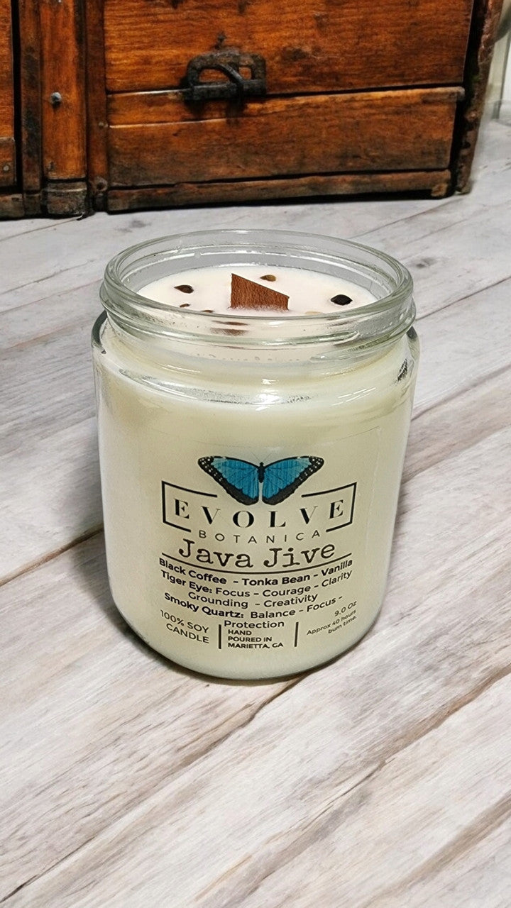 Evolve Botanica Classic 9oz Jam Jar Crystal Soy Candle - Java Jive (Tiger Eye & Smoky Quartz)