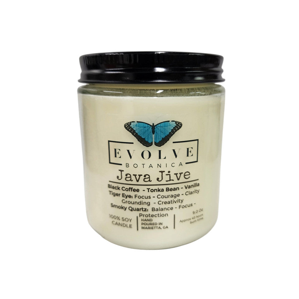 Evolve Botanica Classic 9oz Jam Jar Crystal Soy Candle - Java Jive (Tiger Eye & Smoky Quartz)