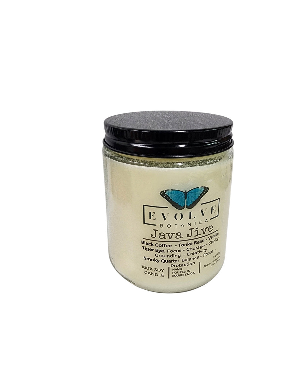 Evolve Botanica Classic 9oz Jam Jar Crystal Soy Candle - Java Jive (Tiger Eye & Smoky Quartz)