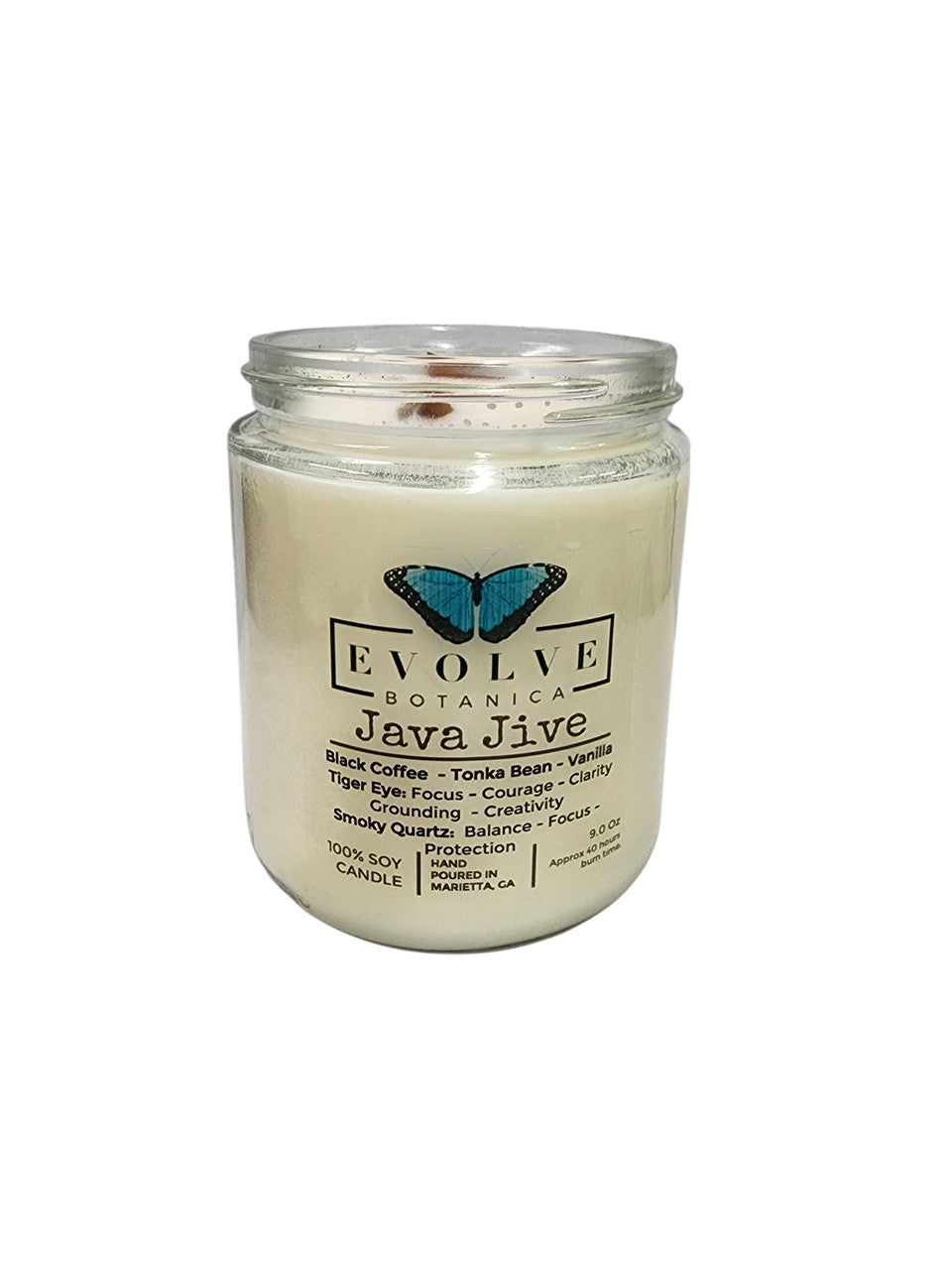 Evolve Botanica Classic 9oz Jam Jar Crystal Soy Candle - Java Jive (Tiger Eye & Smoky Quartz)