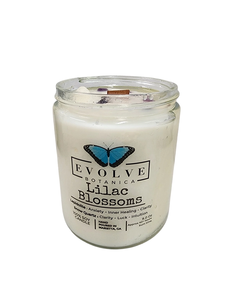 Evolve Botanica Classic 9oz Jam Jar Crystal Soy Candle - Lilac Blossoms (Lepidolite)