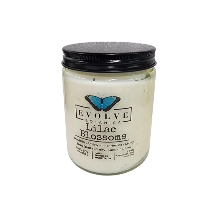 Evolve Botanica Classic 9oz Jam Jar Crystal Soy Candle - Lilac Blossoms (Lepidolite)