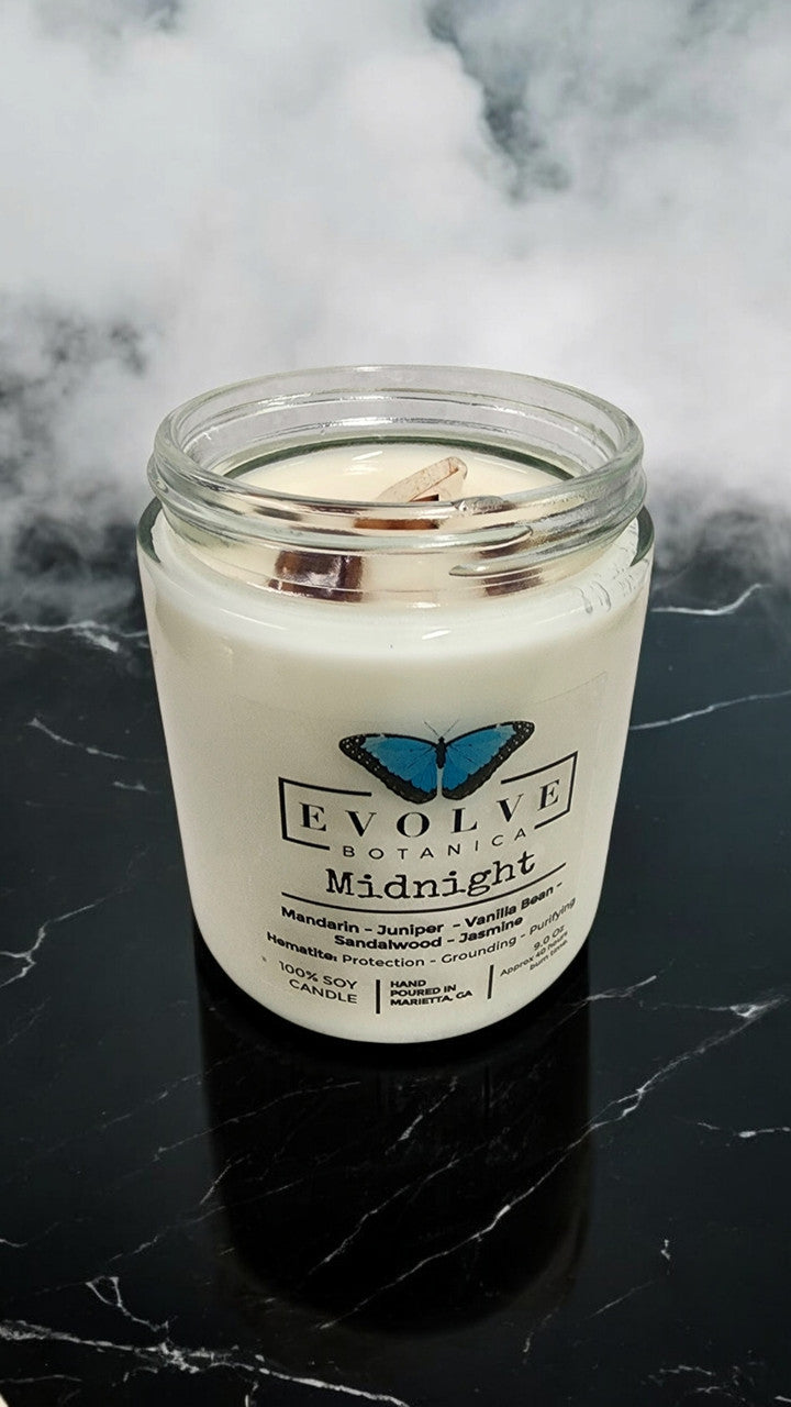Evolve Botanica Classic 9oz Jam Jar Crystal Soy Candle - Midnight (Super Seven)