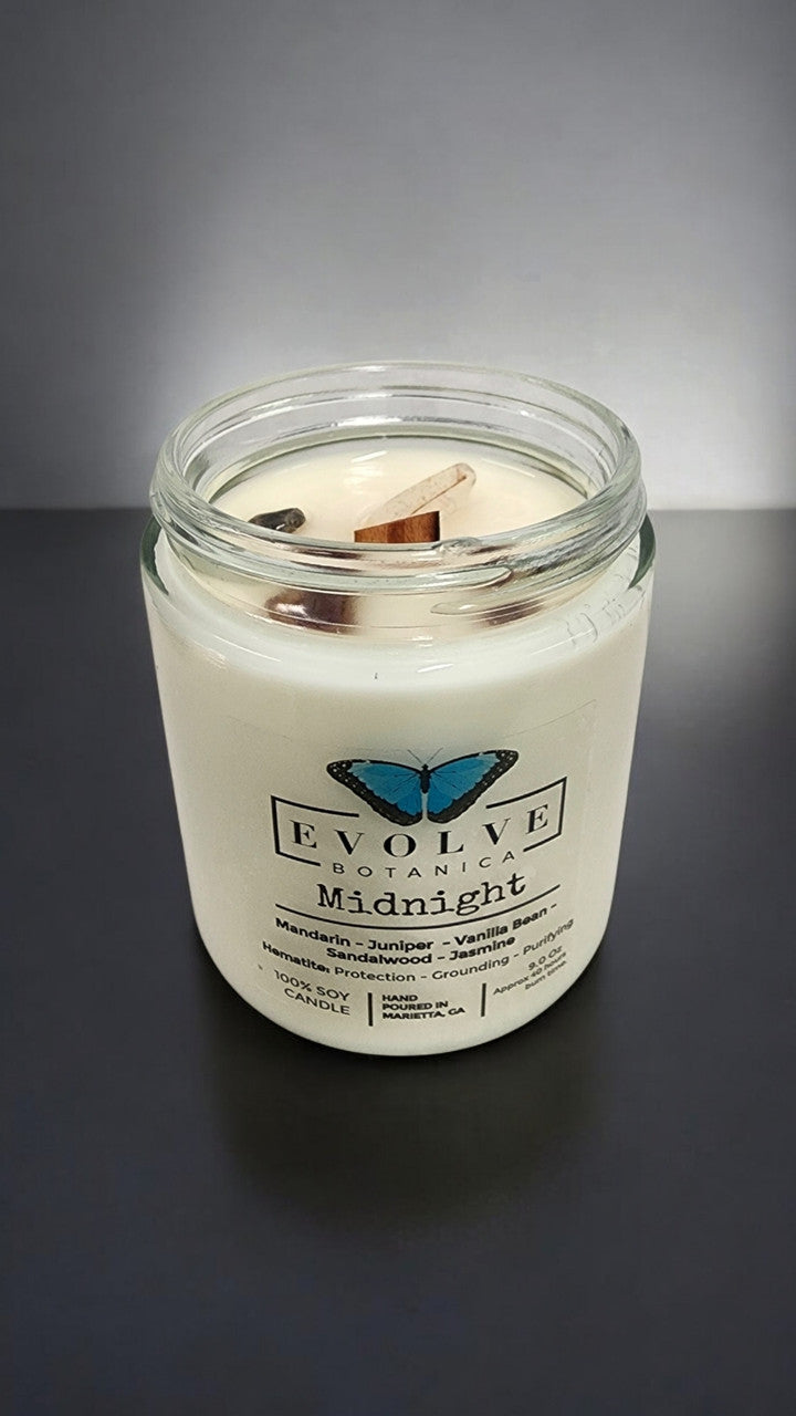 Evolve Botanica Classic 9oz Jam Jar Crystal Soy Candle - Midnight (Super Seven)
