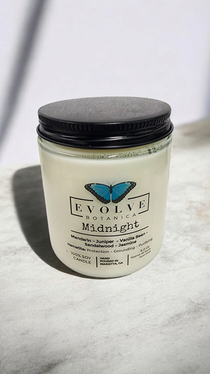 Evolve Botanica Classic 9oz Jam Jar Crystal Soy Candle - Midnight (Super Seven)