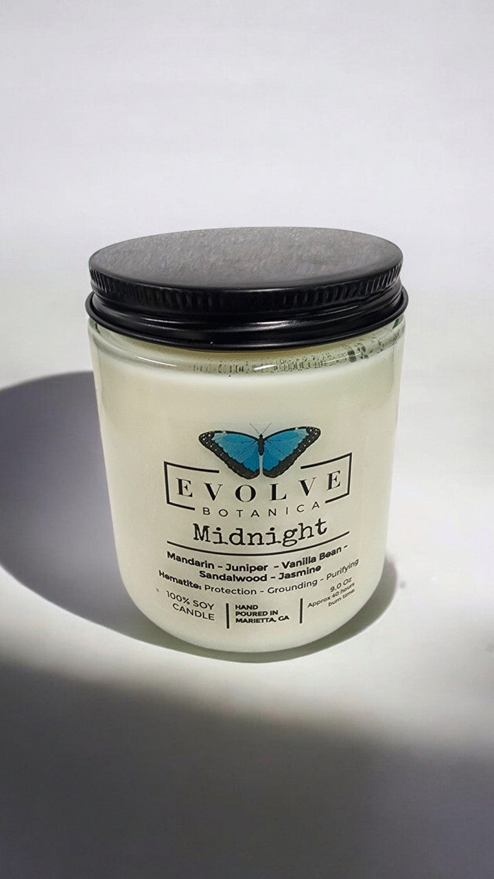 Evolve Botanica Classic 9oz Jam Jar Crystal Soy Candle - Midnight (Super Seven)