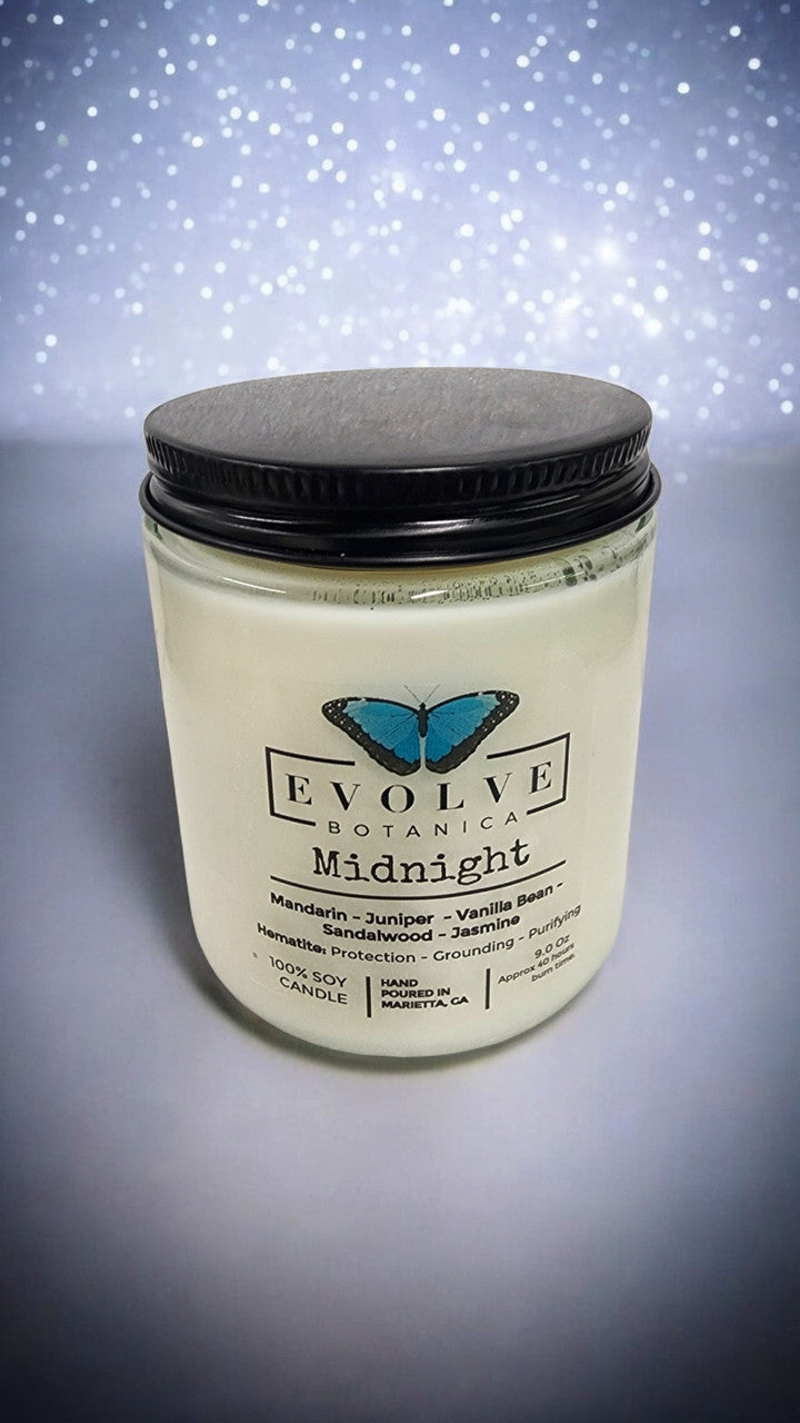 Evolve Botanica Classic 9oz Jam Jar Crystal Soy Candle - Midnight (Super Seven)