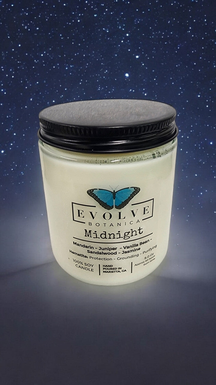 Evolve Botanica Classic 9oz Jam Jar Crystal Soy Candle - Midnight (Super Seven)