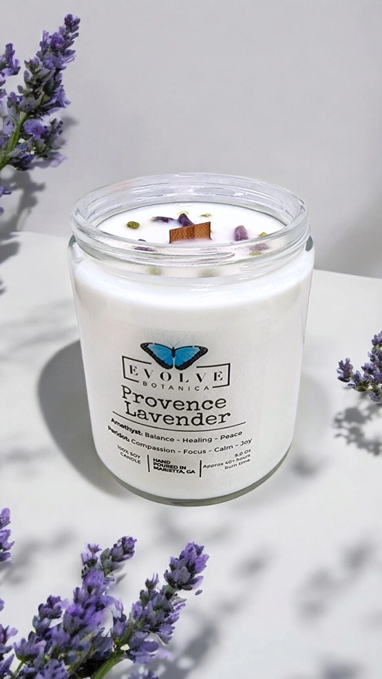 Evolve Botanica Classic 9oz Jam Jar Crystal Soy Candle - Provence Lavender (Amethyst & Peridot)