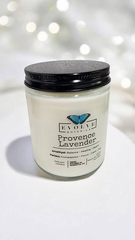 Evolve Botanica Classic 9oz Jam Jar Crystal Soy Candle - Provence Lavender (Amethyst & Peridot)