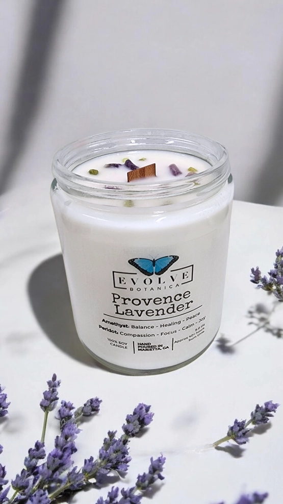 Evolve Botanica Classic 9oz Jam Jar Crystal Soy Candle - Provence Lavender (Amethyst & Peridot)