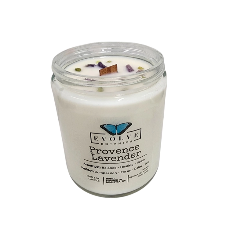 Evolve Botanica Classic 9oz Jam Jar Crystal Soy Candle - Provence Lavender (Amethyst & Peridot)