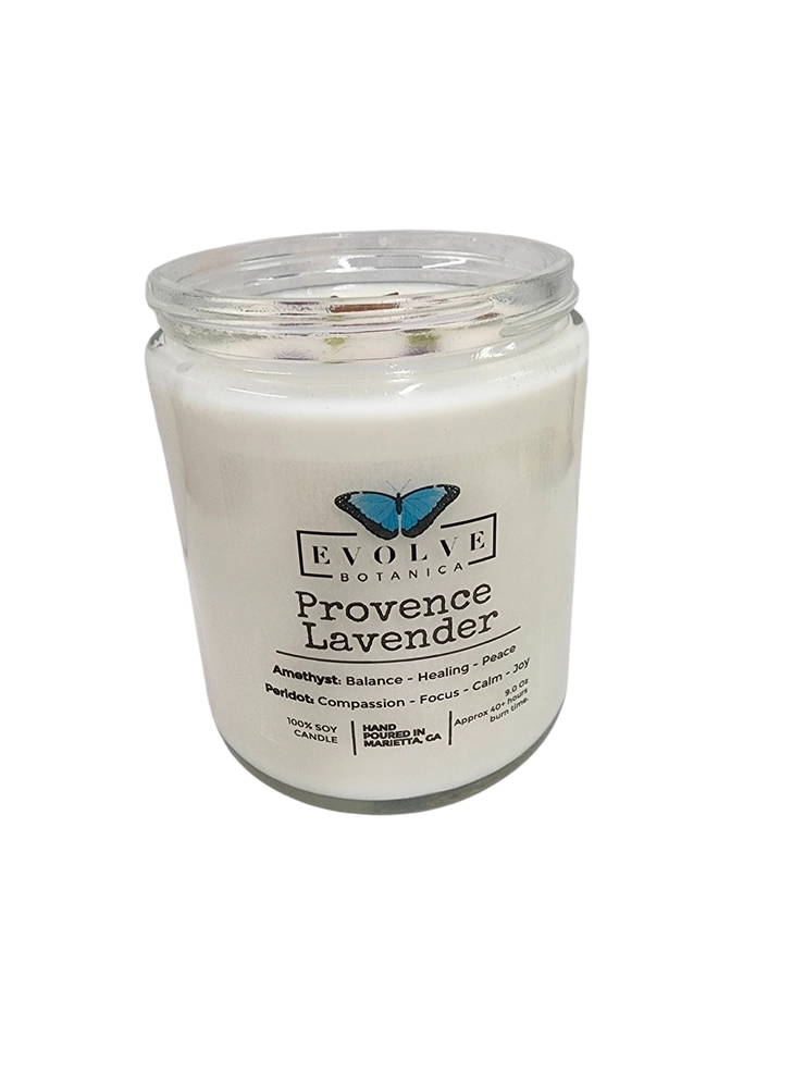 Evolve Botanica Classic 9oz Jam Jar Crystal Soy Candle - Provence Lavender (Amethyst & Peridot)