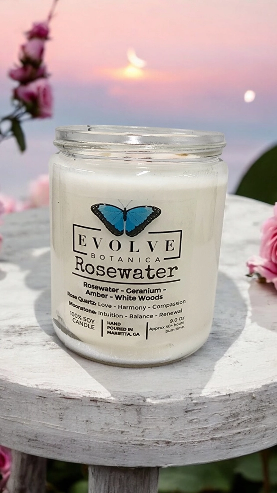 Evolve Botanica Classic 9oz Jam Jar Crystal Soy Candle - Rosewater (Rose Quartz & Moonstone)