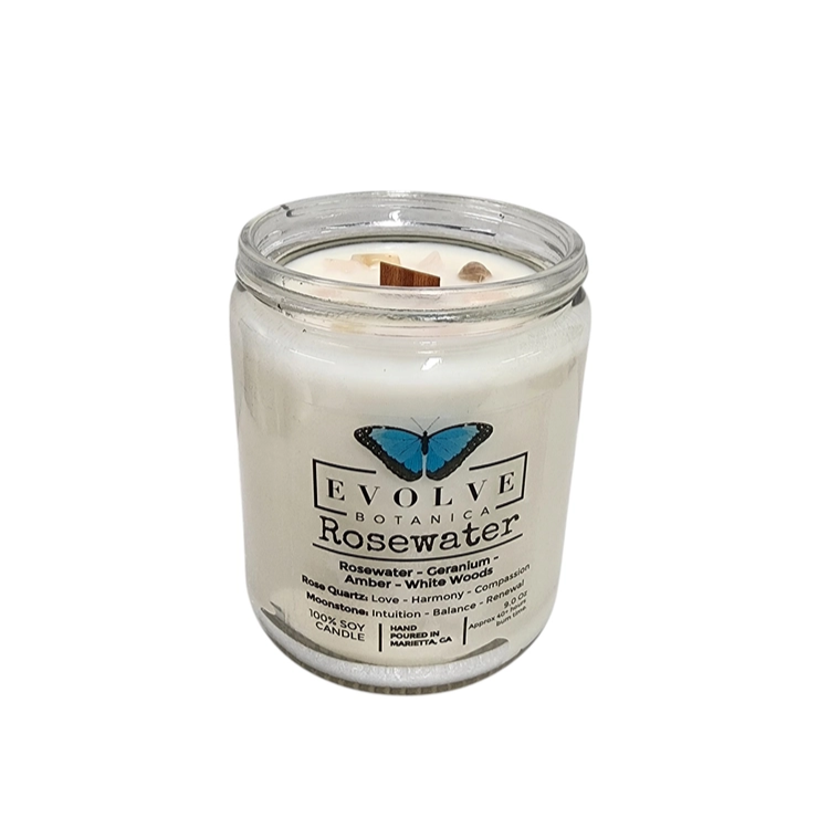 Evolve Botanica Classic 9oz Jam Jar Crystal Soy Candle - Rosewater (Rose Quartz & Moonstone)