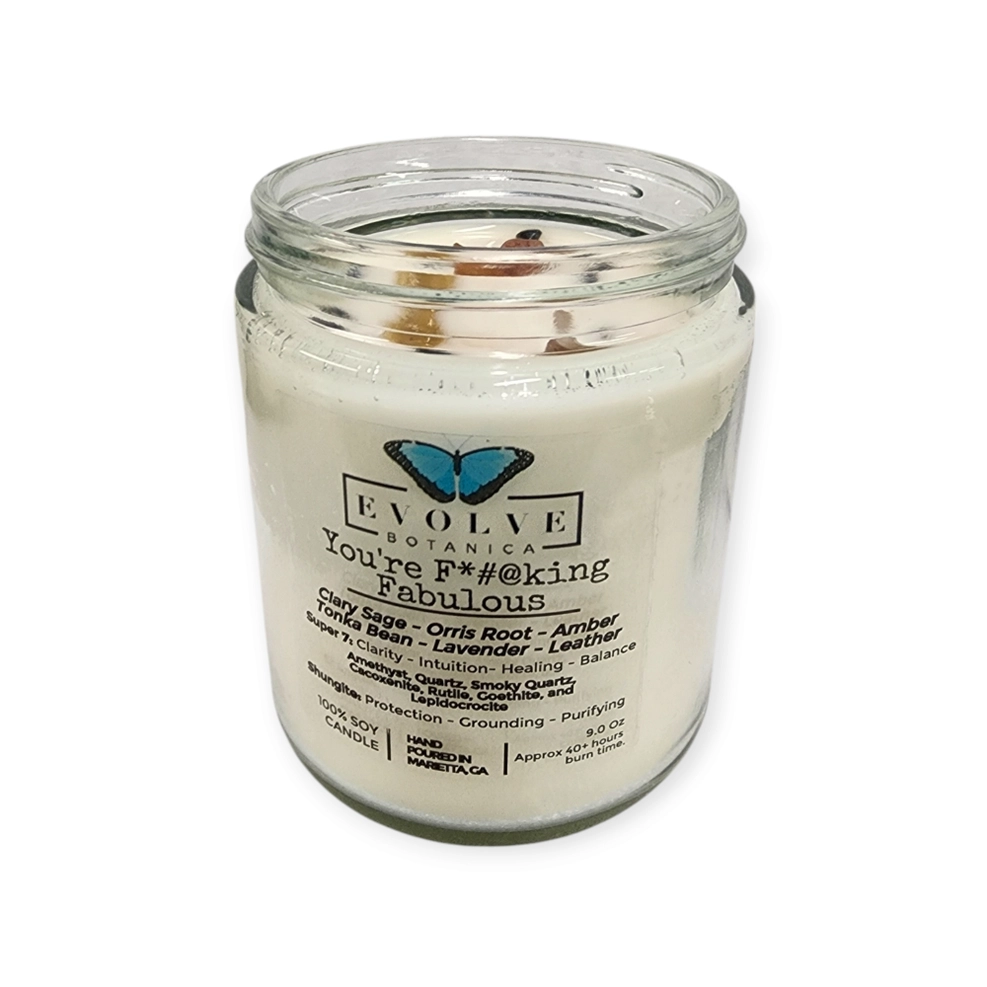 Evolve Botanica Classic 9oz Jam Jar Crystal Soy Candle - You're F*#@king Fabulous (Amethyst, Quartz, Smoky Quartz, Cacoxenite, Rutile, Goethite, & Lepidocrocite)
