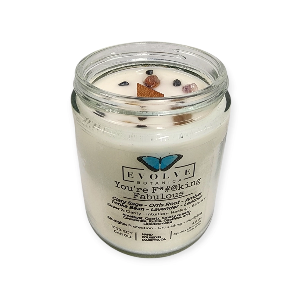 Evolve Botanica Classic 9oz Jam Jar Crystal Soy Candle - You're F*#@king Fabulous (Amethyst, Quartz, Smoky Quartz, Cacoxenite, Rutile, Goethite, & Lepidocrocite)