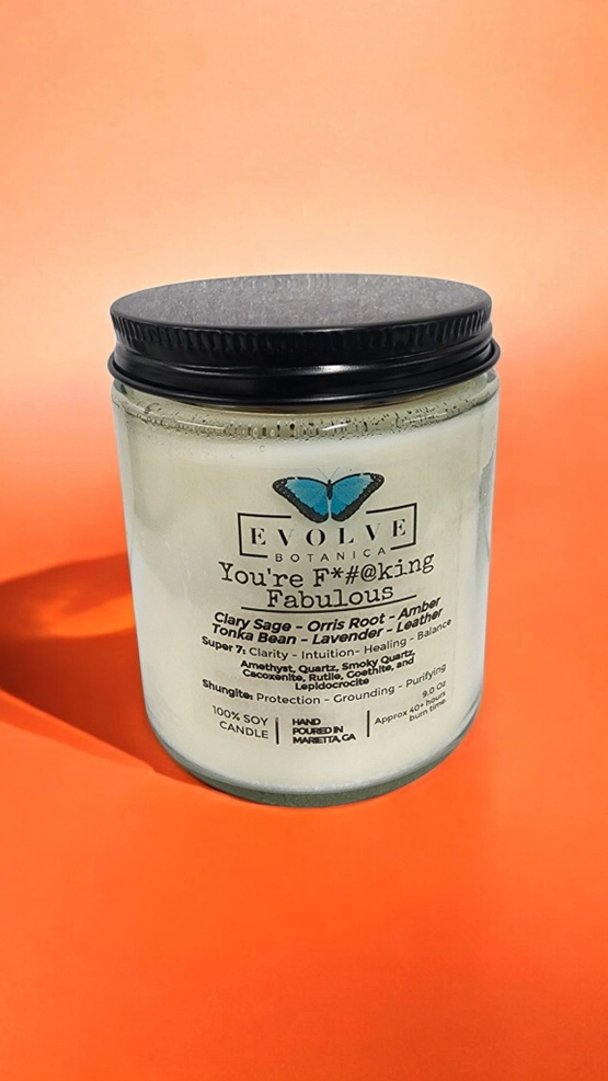 Evolve Botanica Classic 9oz Jam Jar Crystal Soy Candle - You're F*#@king Fabulous (Amethyst, Quartz, Smoky Quartz, Cacoxenite, Rutile, Goethite, & Lepidocrocite)