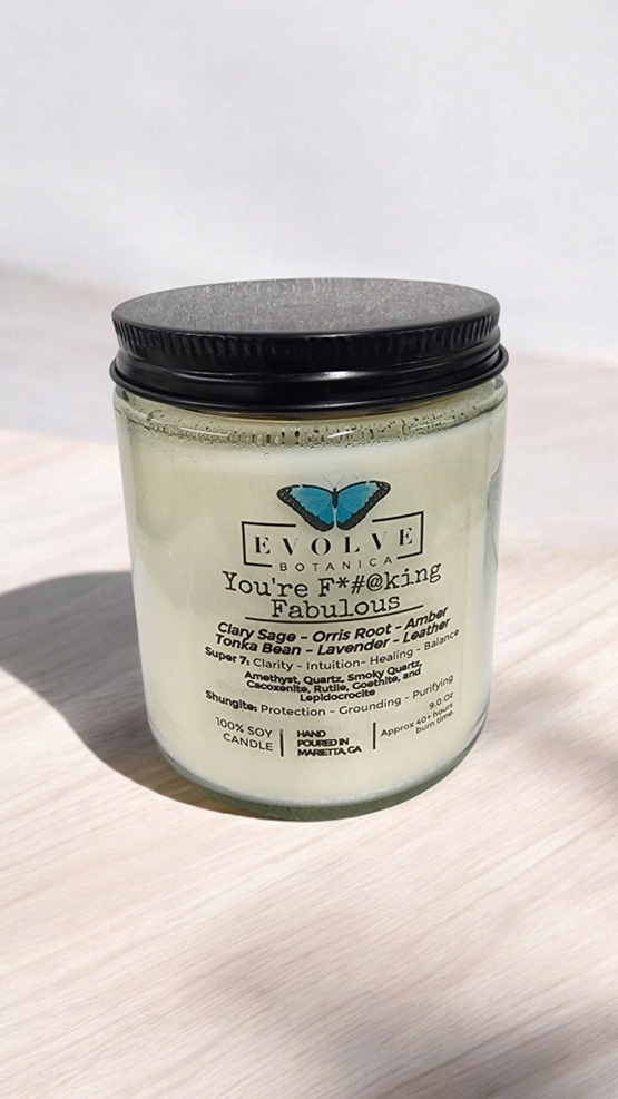 Evolve Botanica Classic 9oz Jam Jar Crystal Soy Candle - You're F*#@king Fabulous (Amethyst, Quartz, Smoky Quartz, Cacoxenite, Rutile, Goethite, & Lepidocrocite)