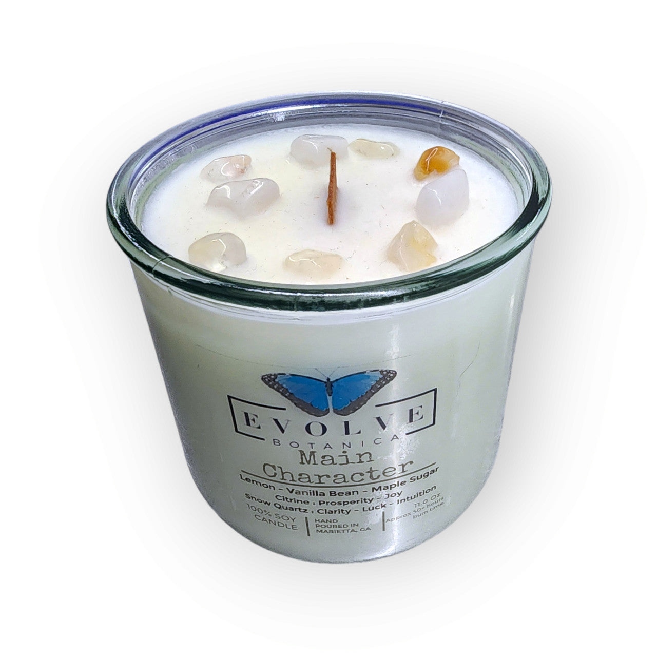 Evolve Botanica Rocks Candle - Main Character (Wood Wick Citrine & Snow Quartz Gemstone Soy Candle)