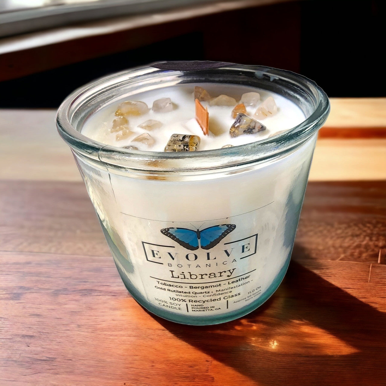 Library Rocks candle with Gold Rutilated Quartz — leather, paper & cozy book scent