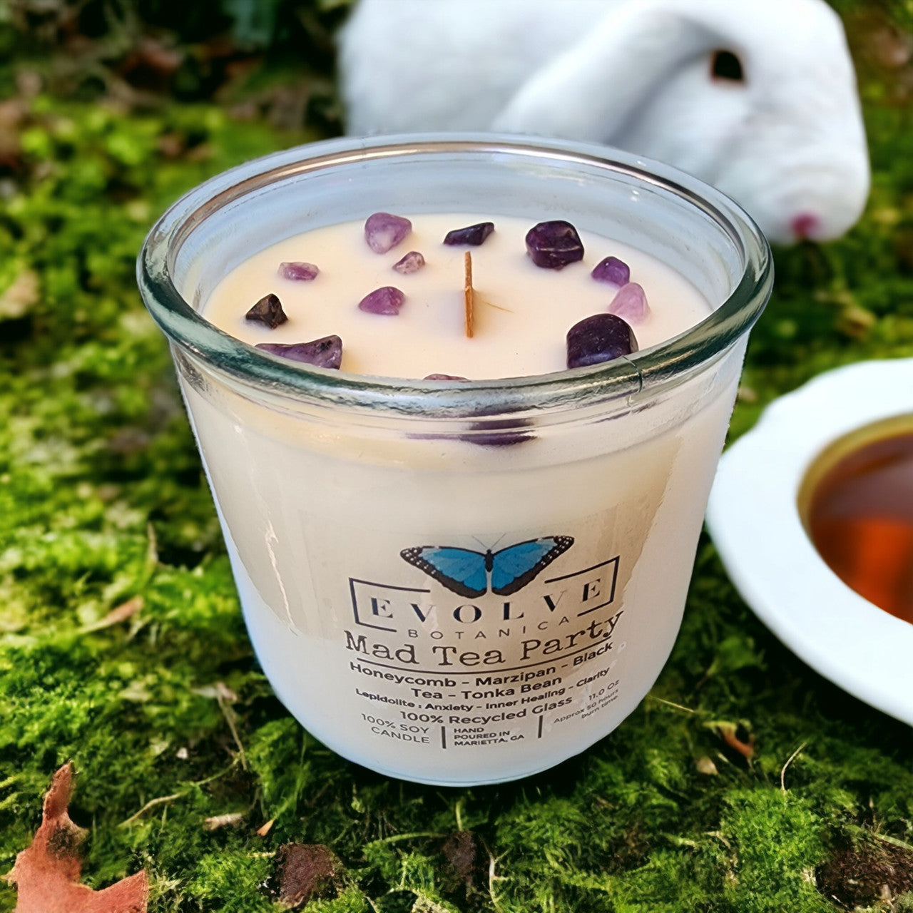 Mad Tea Party candle from above showing soy wax and Lepidolite crystal detail